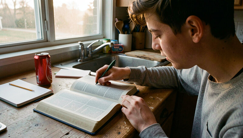 A teenager highlighting a Bible passage at a kitchen table with a notebook, a pencil and a soda can beside it.