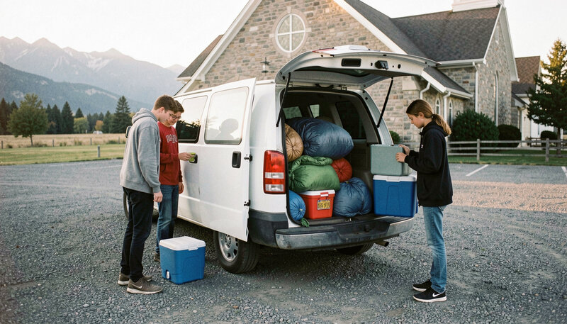 A church van being loaded with sleeping bags and coolers by teenagers for a weekend retreat on a gravel parking lot.