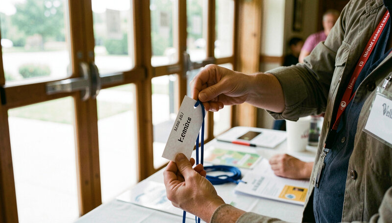 A volunteer pinning a name tag on a lanyard at a church welcome table near glass entrance doors.