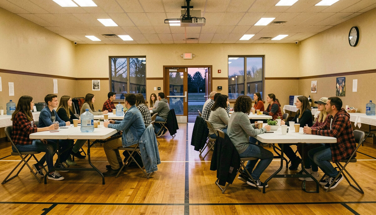 A church fellowship hall on a Wednesday evening in a small Wyoming town, teenagers and adult volunteers in denim and flannel talking around folding tables under warm gym lights
