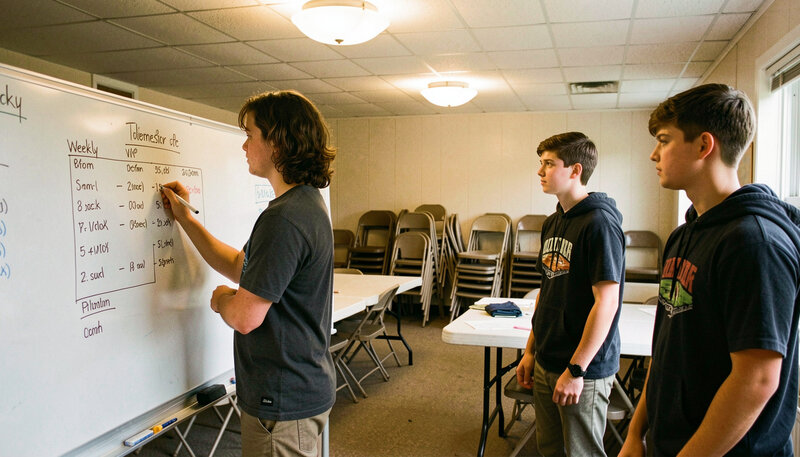 A volunteer leader sketching a weekly schedule on a whiteboard while two teenagers watch, in a church basement room with folding tables.