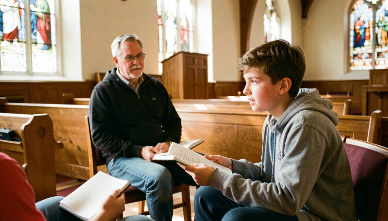 A teenage student leading a small circle discussion with an open notebook while an adult mentor listens in the background.